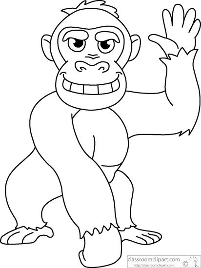 A line drawing of a cartoon gorilla waving.